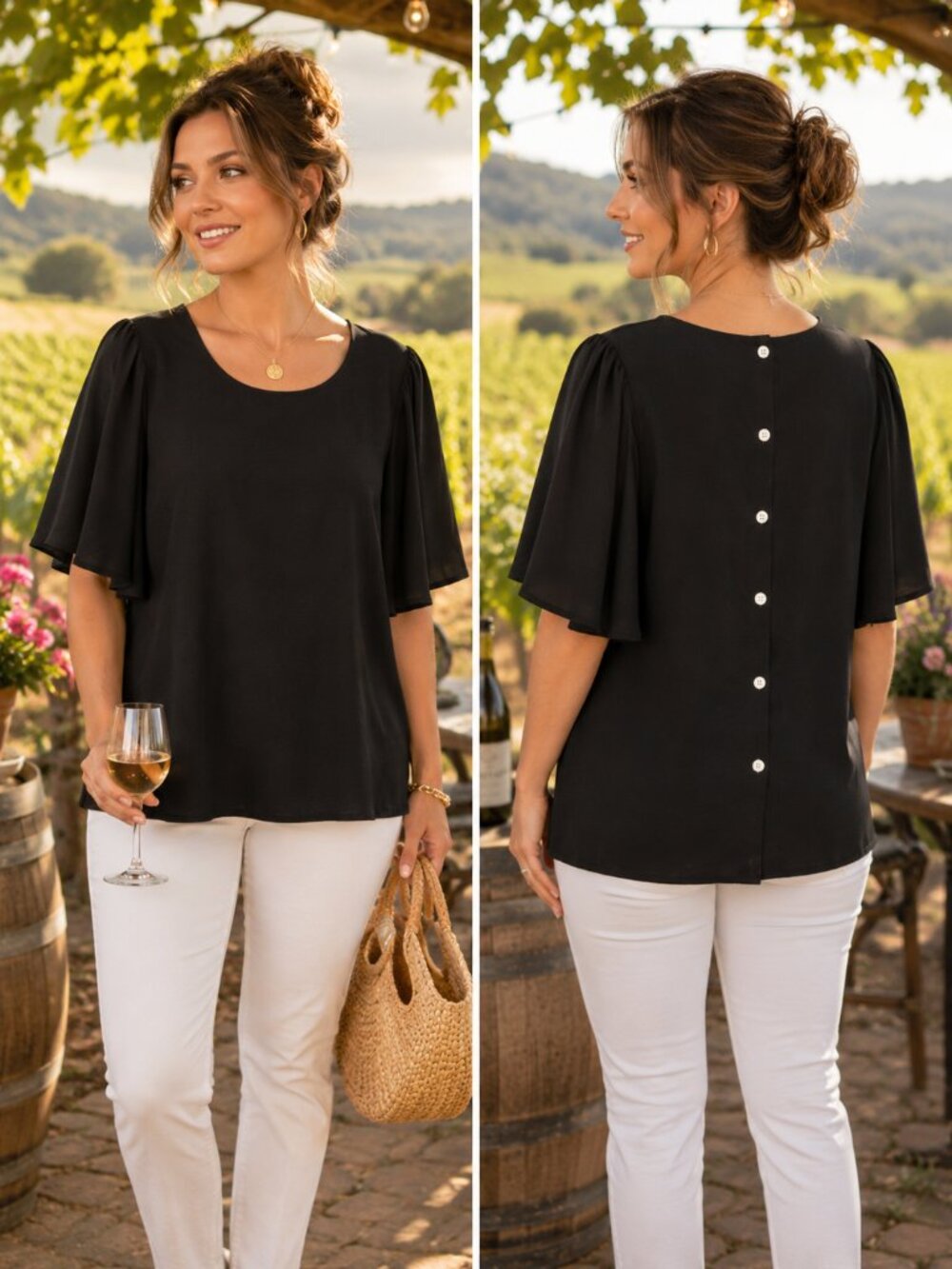Indie & Co Black Button Back Blouse XL Flutter Sleeve Boutique Style Trending